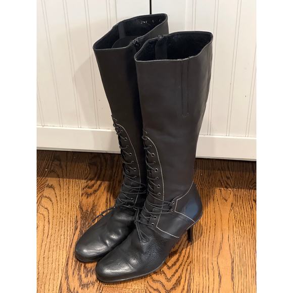 DKNY Women’s Lace‎ Up Side Zip Leather Stiletto Heeled High Boots Size 6.5 Black - Picture 1 of 7